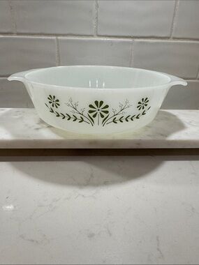 Vintage Glasbake White Milk Glass Serving Bowl with Green Daisy Floral Pattern